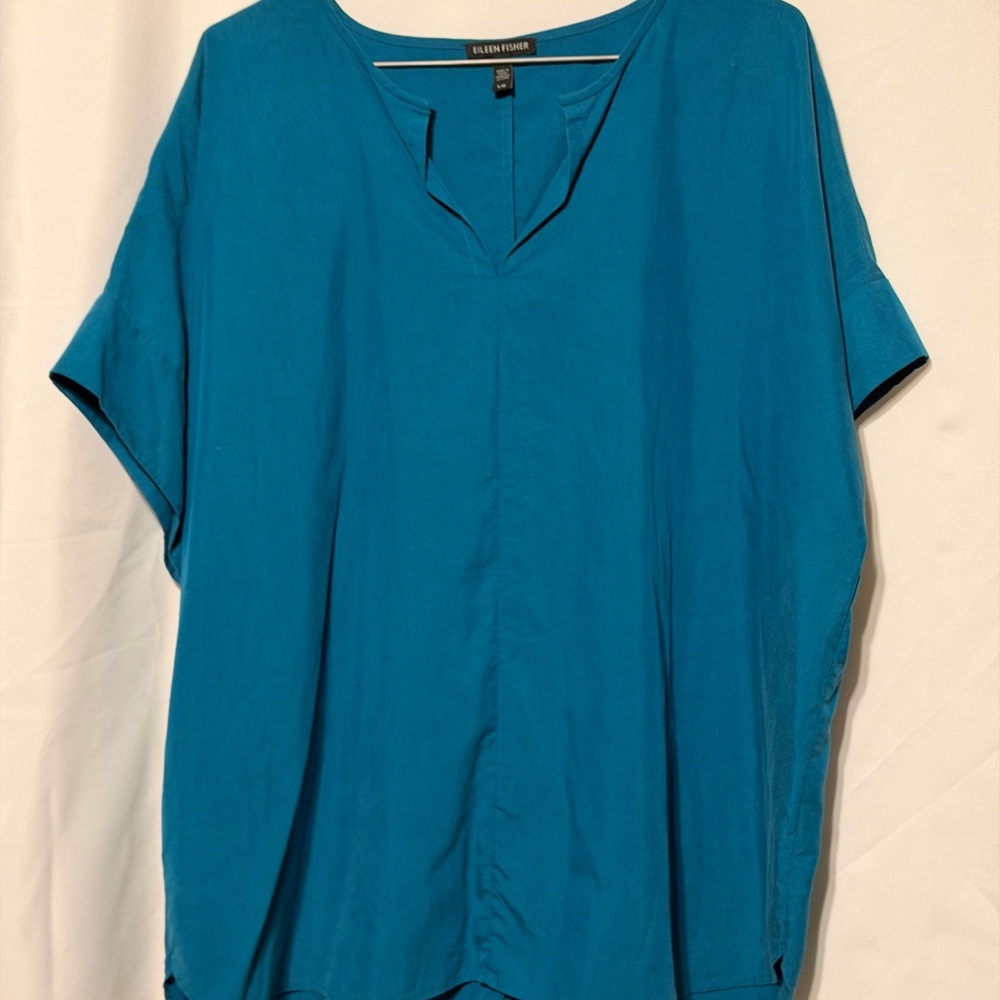 Eileen Fisher Teal Blue Split V-Neck Short Sleeve Tunic